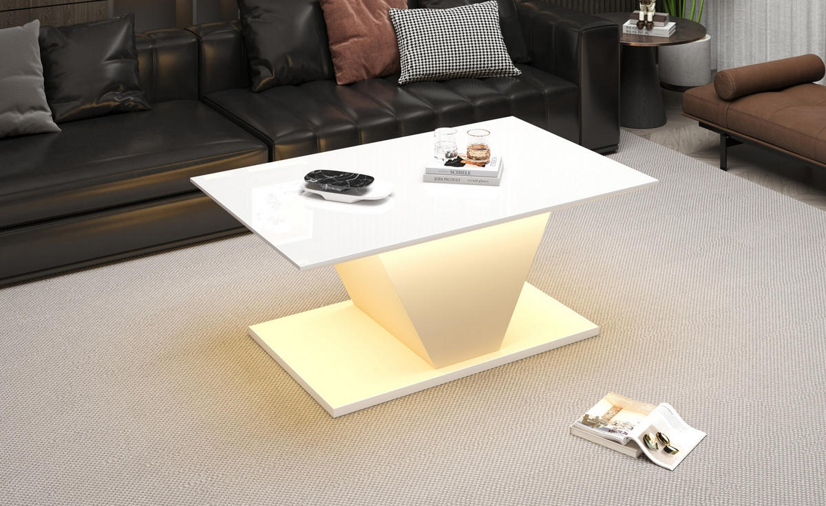 COUCHTISCH, V‑Form, weiß mit Hochglanz-Tischplatte und steuerbarer LED-Beleuchtung, 100/50/46 cm,weiß - Weiß, Holzwerkstoff (100/50/46cm) - Redom