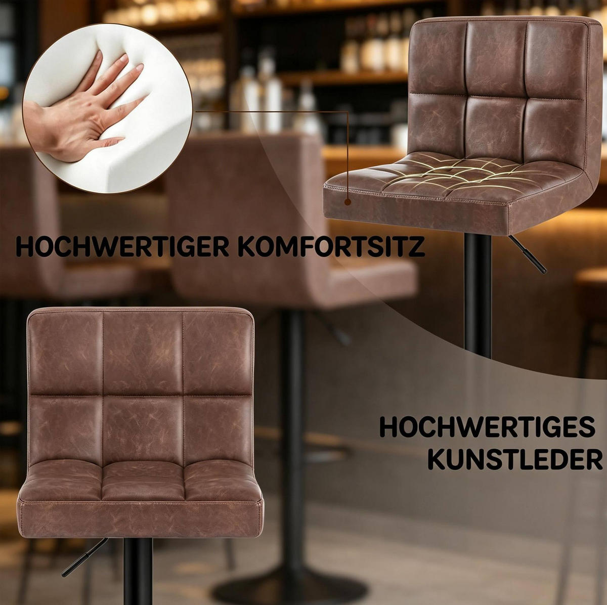 BARHOCKER drehbar höhenverstellbar 60-82 cm Kunstleder Dunkelbraun - Dunkelbraun, Metall (44/114/38cm) - Meubliv