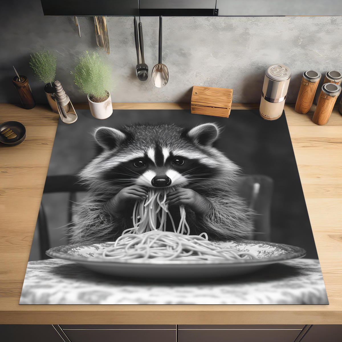 HERDABDECKPLATTE Waschbär - Niedlich - Pasta - Tischtuch - Schwarz - Weiß Induktionsmatte 78x78 cm - Grau, Kunststoff (78/78/0.2cm) - MuchoWow