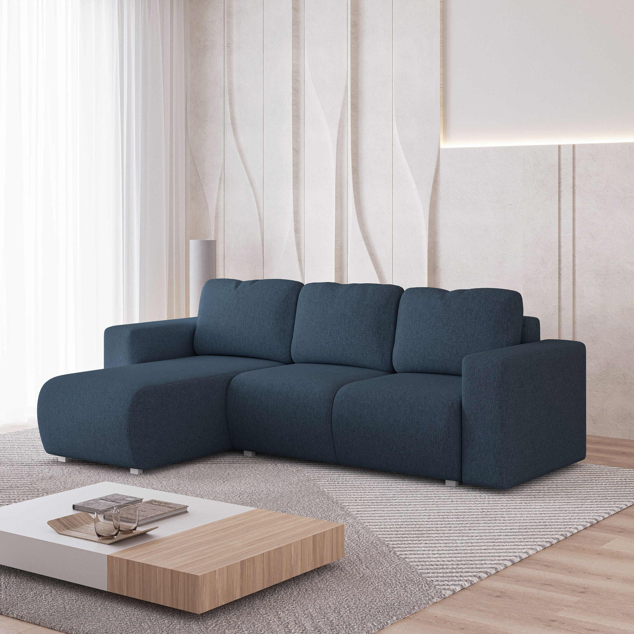 ECKSOFA RINOVA Blau Geflochtener Stoff mit Schlaffunktion - Blau, Holz (250/143cm) - MASSENO