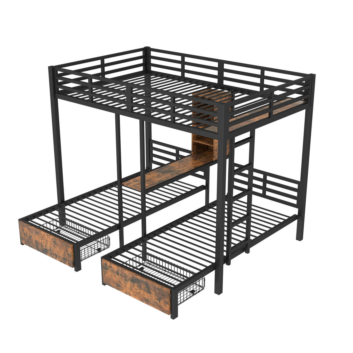 ETAGENBETT 140/200 + 90/200 cm aus Metall und MDF mit 3 Liegeflächen, Stauraum und 2 Schubladen, Schwarz - Schwarz, Holzwerkstoff (140/200cm) - Redom