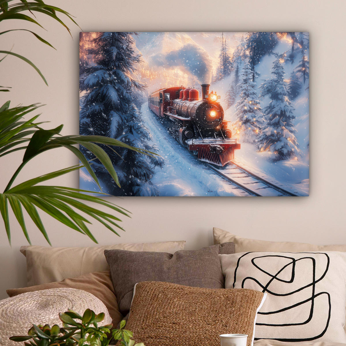 LEINWANDBILD Weihnachtszug - Schnee - Winter - Weihnachten Wandbilder 80x60 cm - Dunkelrot, Textil (80/60cm) - MuchoWow