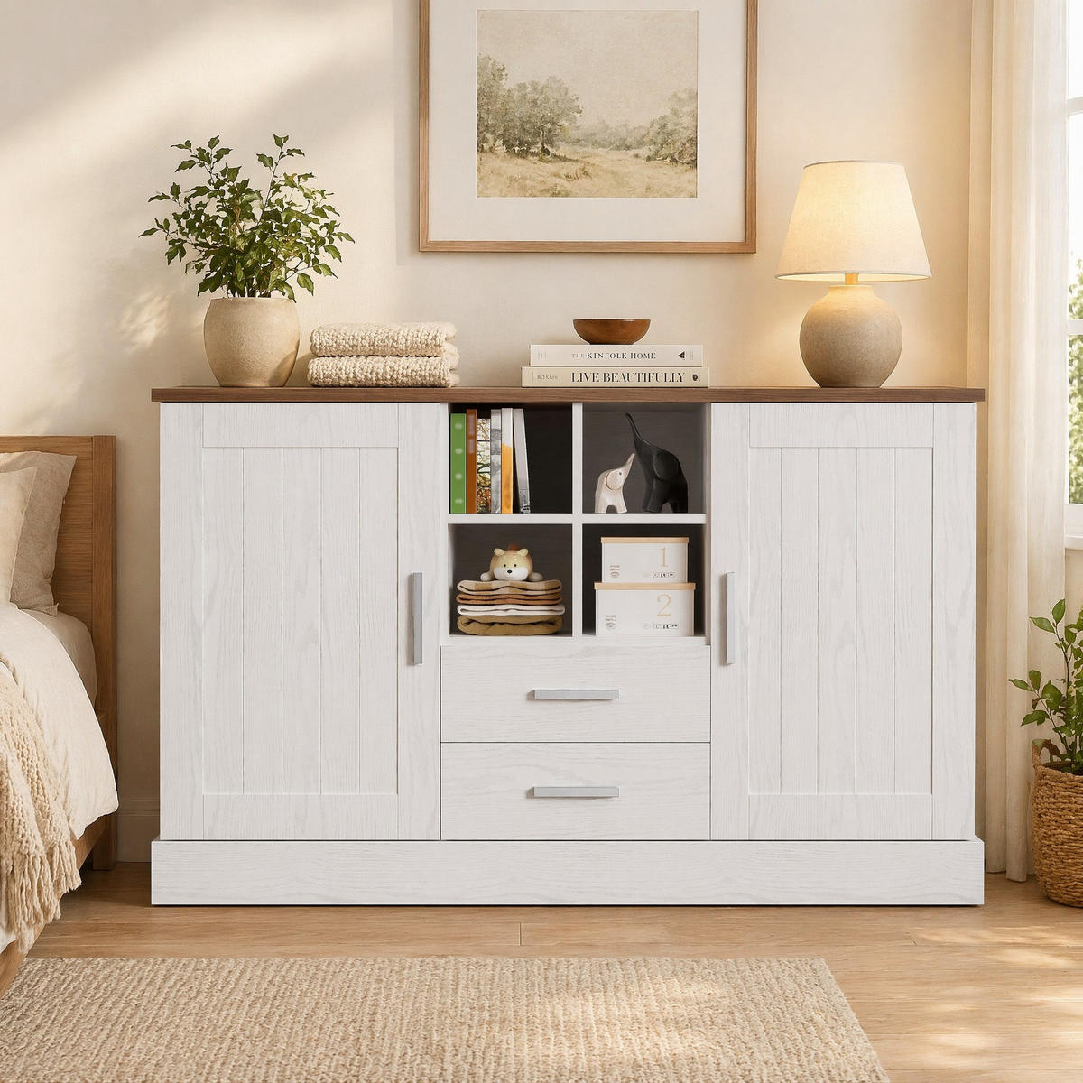KUCHYŇSKÁ SKŘÍŇ bílá a hnědá, dvířka, zásuvky, do obývacího pokoje a ložnice, 140×40×79,5 cm - bílá/hnědá, kov/kompozitní dřevo (140/79.5/40cm) - STILVORA