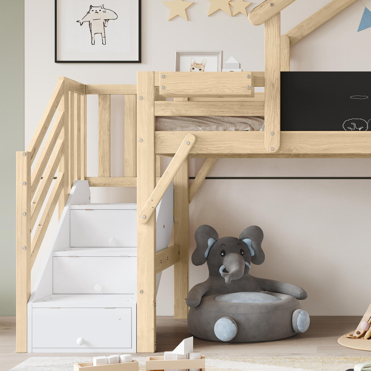 HAUSBETT 90/200 cm mit Stauraumtreppe und Tafel in Weiß/Natur - Weiß, Holzwerkstoff (90/200cm) - BEAOK
