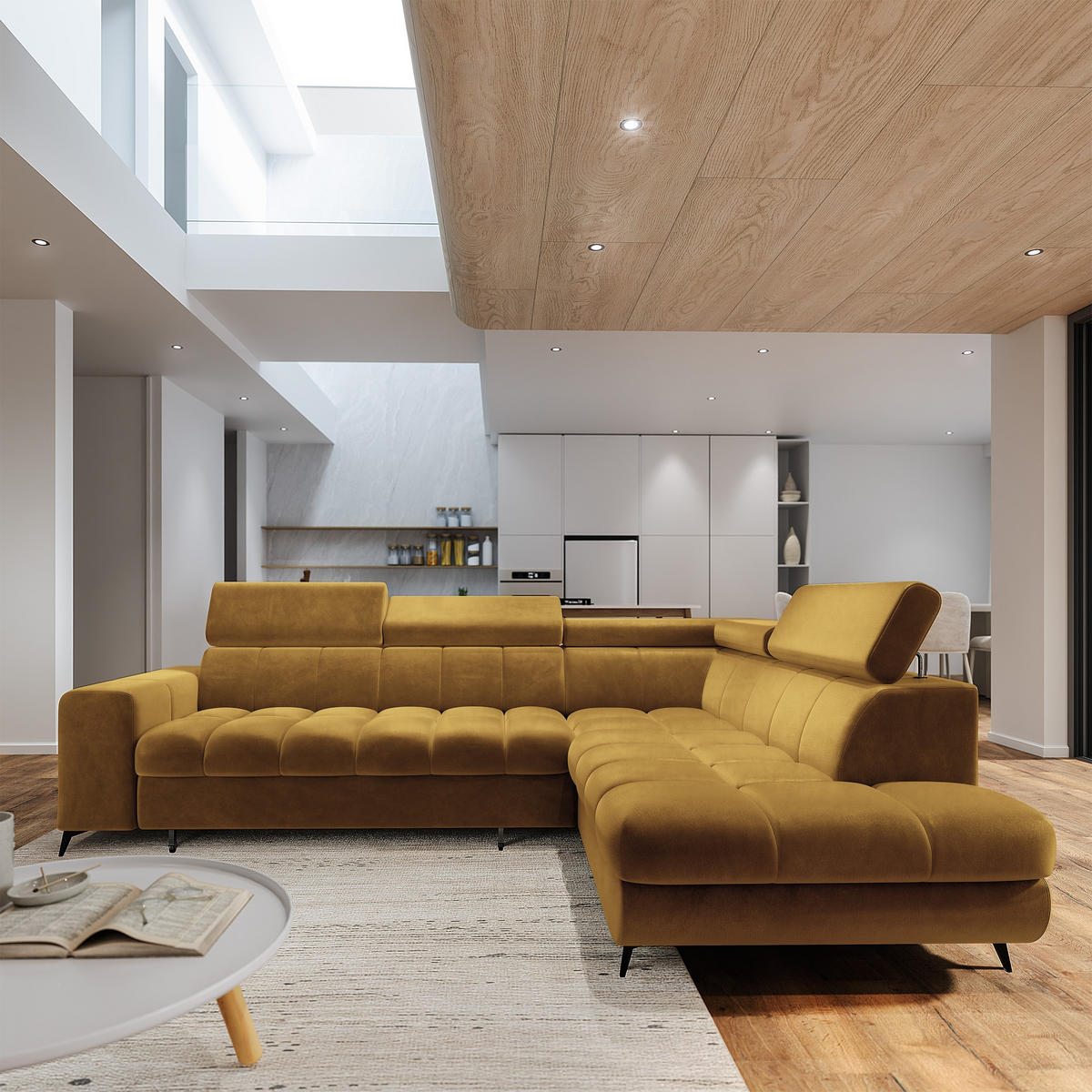 ECKSOFA MORIVA R-S Gelb Velours-Stoff mit Schlaffunktion - Gelb, Holz (253/190cm) - MASSENO