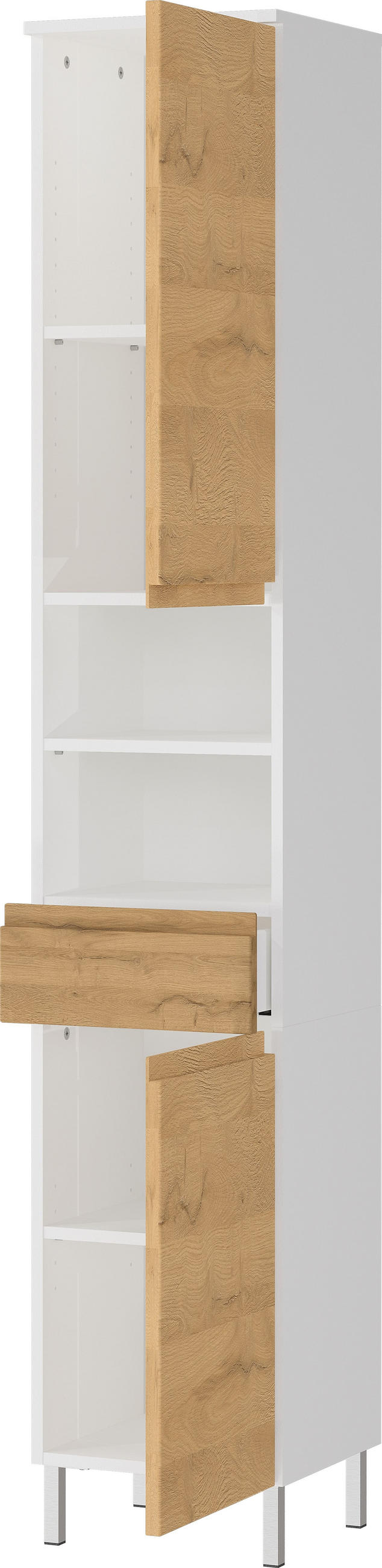 HOCHSCHRANK Weiß und Eiche Grandson 34x190x34cm mit Schublade, verstellbaren Fächern und Chromfüßen VEER - Weiß, Holz/Metall (34/190/34cm) - KADIMA DESIGN