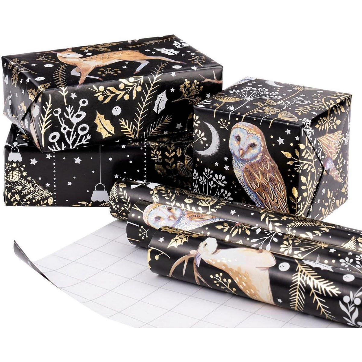 GESCHENKPAPIER 3-teiliges Set mit Eulen- und Rentier-Motiv - Multicolor, Papier (4/44/10cm)
