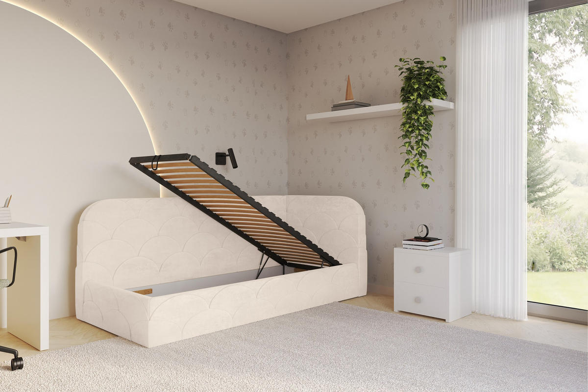 EINZELLBETT Jugendbett mit Bettkasten und Matratze H3/H4, Links - ELRY 90x200 Beige - Beige, Holzwerkstoff/Textil (90/200cm) - ALTDECOR