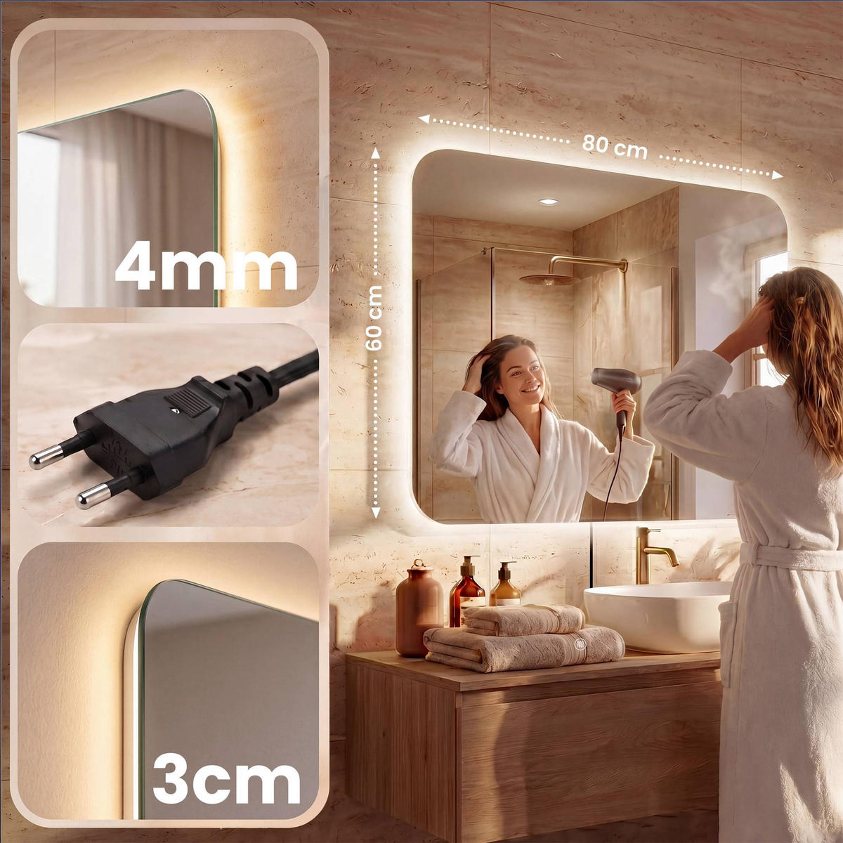 BADEZIMMERSPIEGEL eckig 80/3/60 cm Glas Klarglas - Klar, Glas (80/60/3cm) - CLP