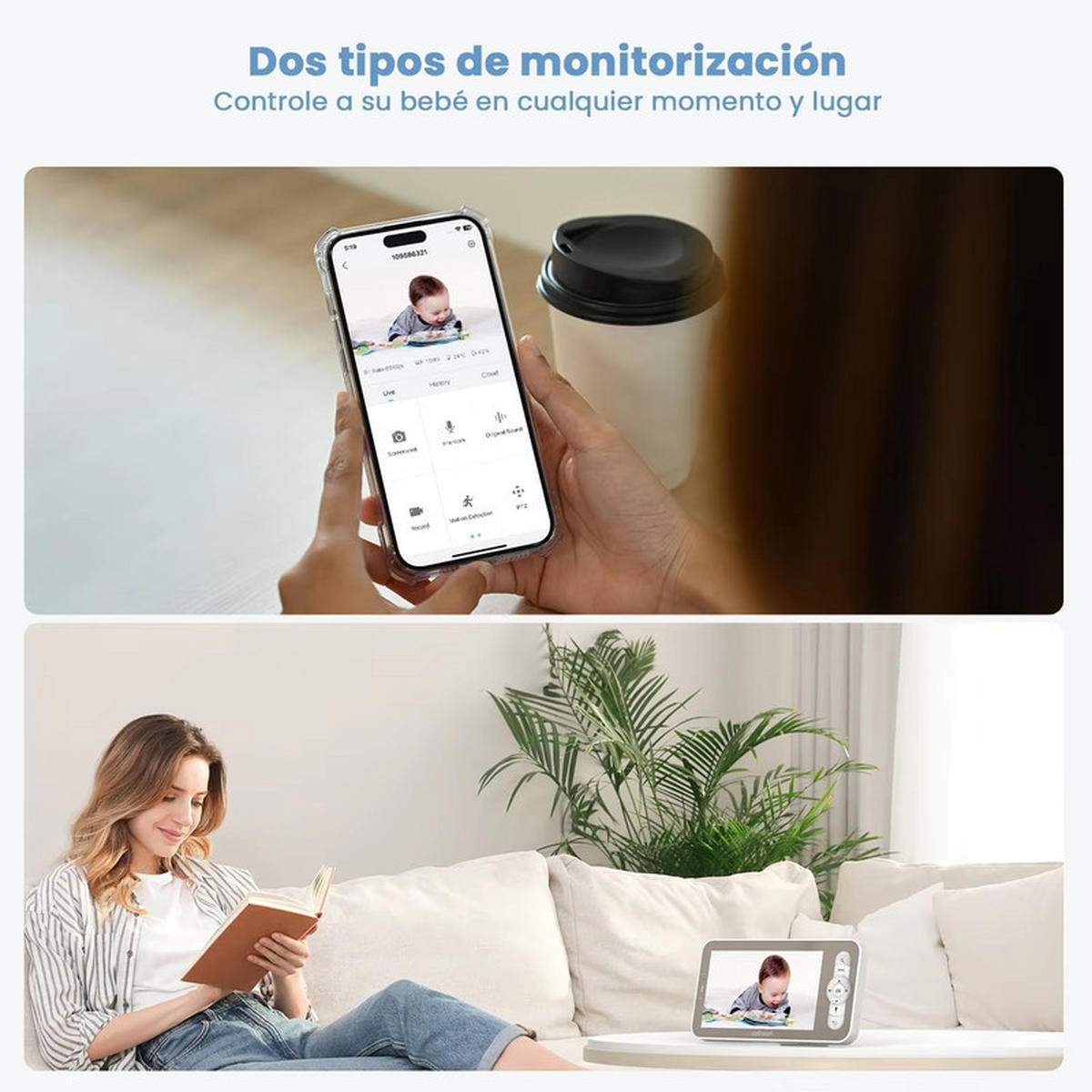 BABYPHONE 5 Zoll 2K 3MP 360° PTZ Kamera Bewegungserkennung Monitor - Grau, Kunststoff - Kaket