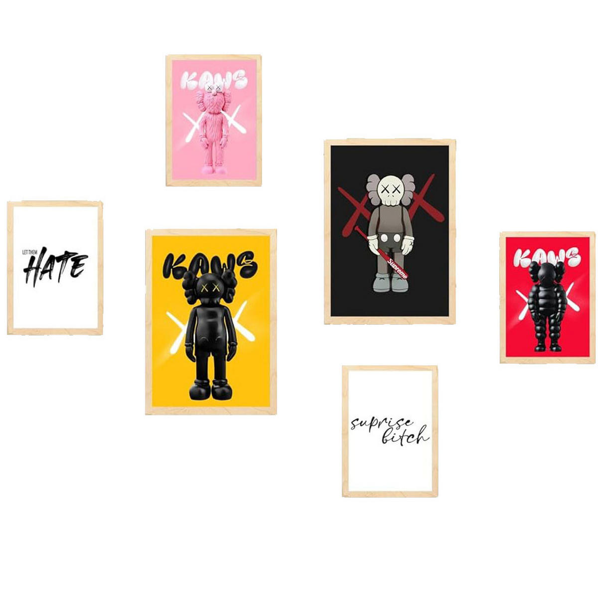 POSTER Set Mit 6 Messaggio Iconico Di Kaws A3 & A4 Rahmen Aus Hellem Holz - Beige, Papier (29/3/42cm) - Nacnic