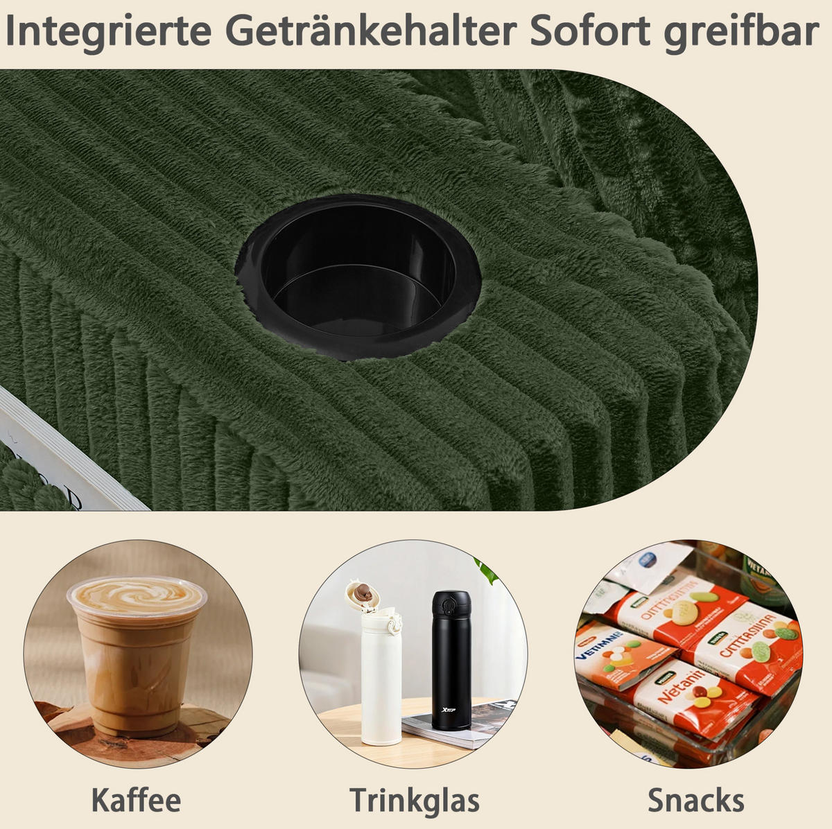 SCHLAFSOFA mit Getränkehalter, Seitentasche und abnehmbaren Kissen aus Schaumstoff, Grün - Grün, Kunststoff (186/78/154cm) - Redom