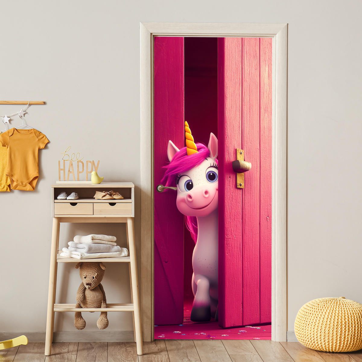 NÁLEPKA NA DVERE Jednorožec - Ružová - Dvere - Fantázia 80x215 cm - pink, plast (80/0.1cm) - MuchoWow