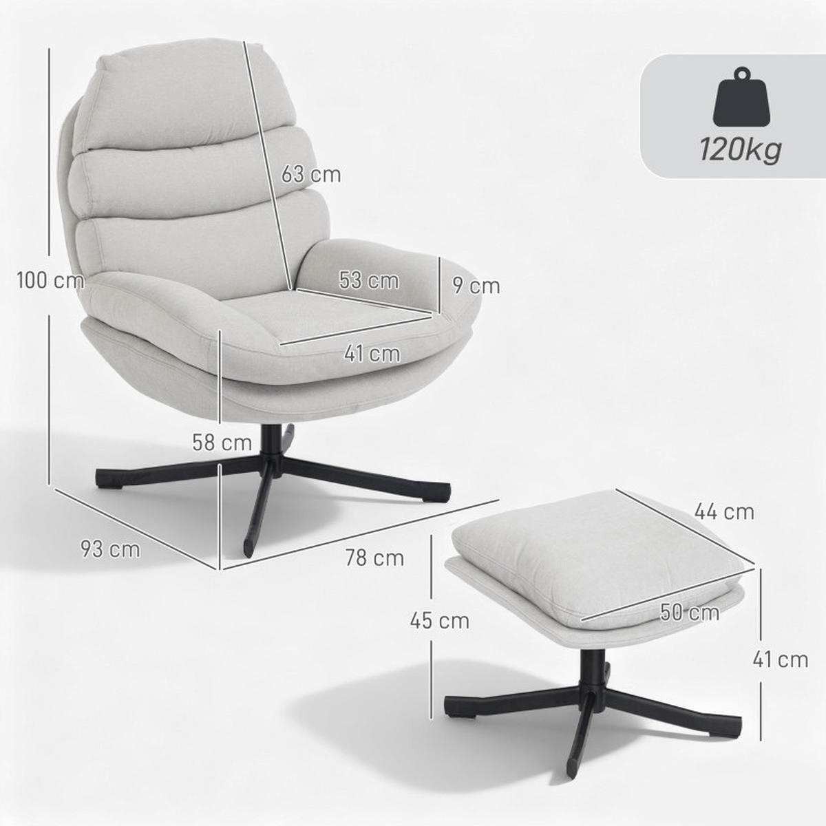RELAXSESSEL mit Hocker Chenille-Stoff 360° drehbar 78/93/100 cm Cremeweiß - Creme, Textil (78/100/93cm) - Redom