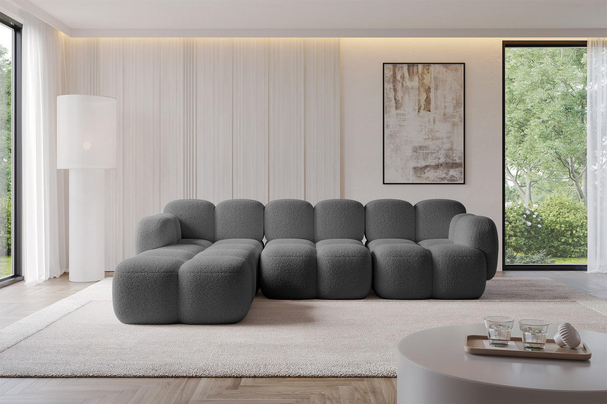 ECKSOFA modulares Sofa Links Miko-L2 302x205x75 Grau Bouclé - Chromfarben/Schwarz, Holzwerkstoff/Kunststoff (302/205cm) - ALTDECOR