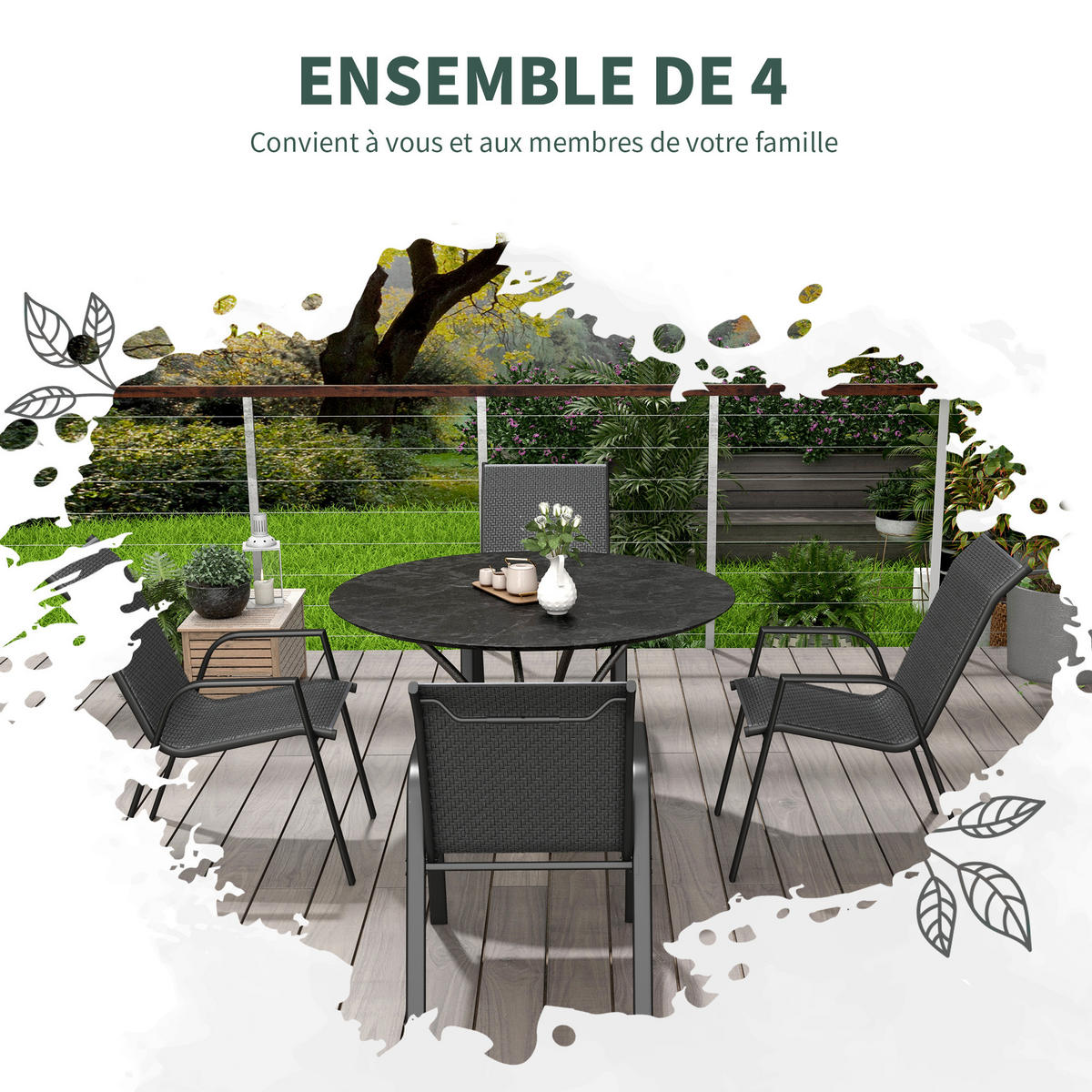 GARTENSTUHL DE-13587 4er-Set mit Armlehnen, stapelbar Natur - Grau, Metall (70/85/52cm) - ComfortXL