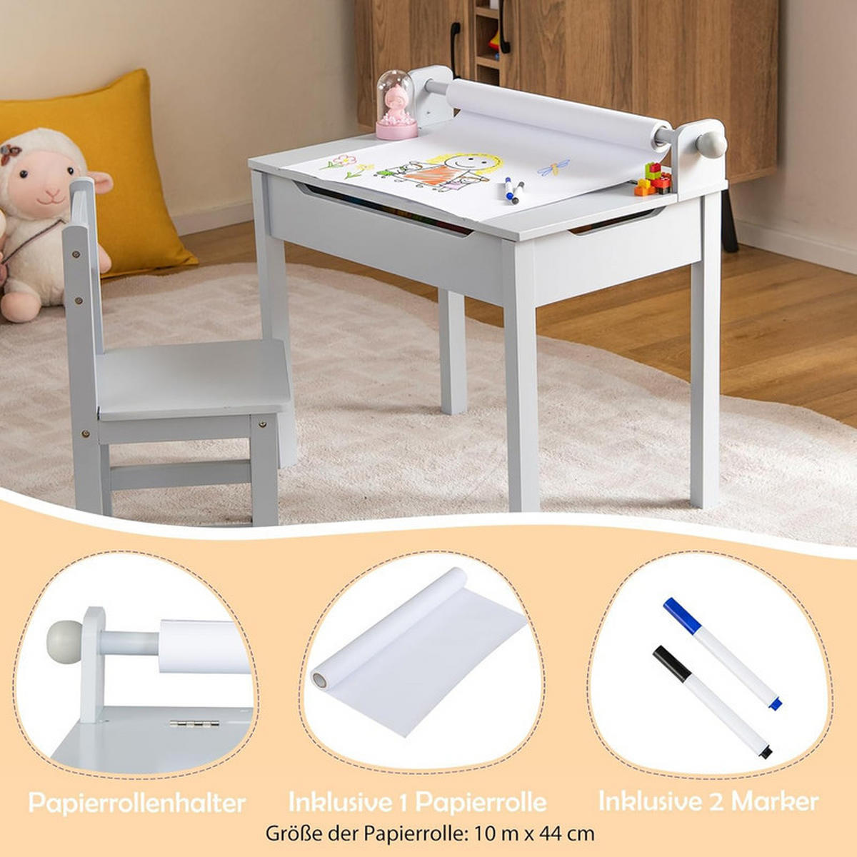 KINDERSCHREIBTISCH mit Stuhl grau(2-tlg) - Grau, Holzwerkstoff (66/58/40cm) - COSTWAY