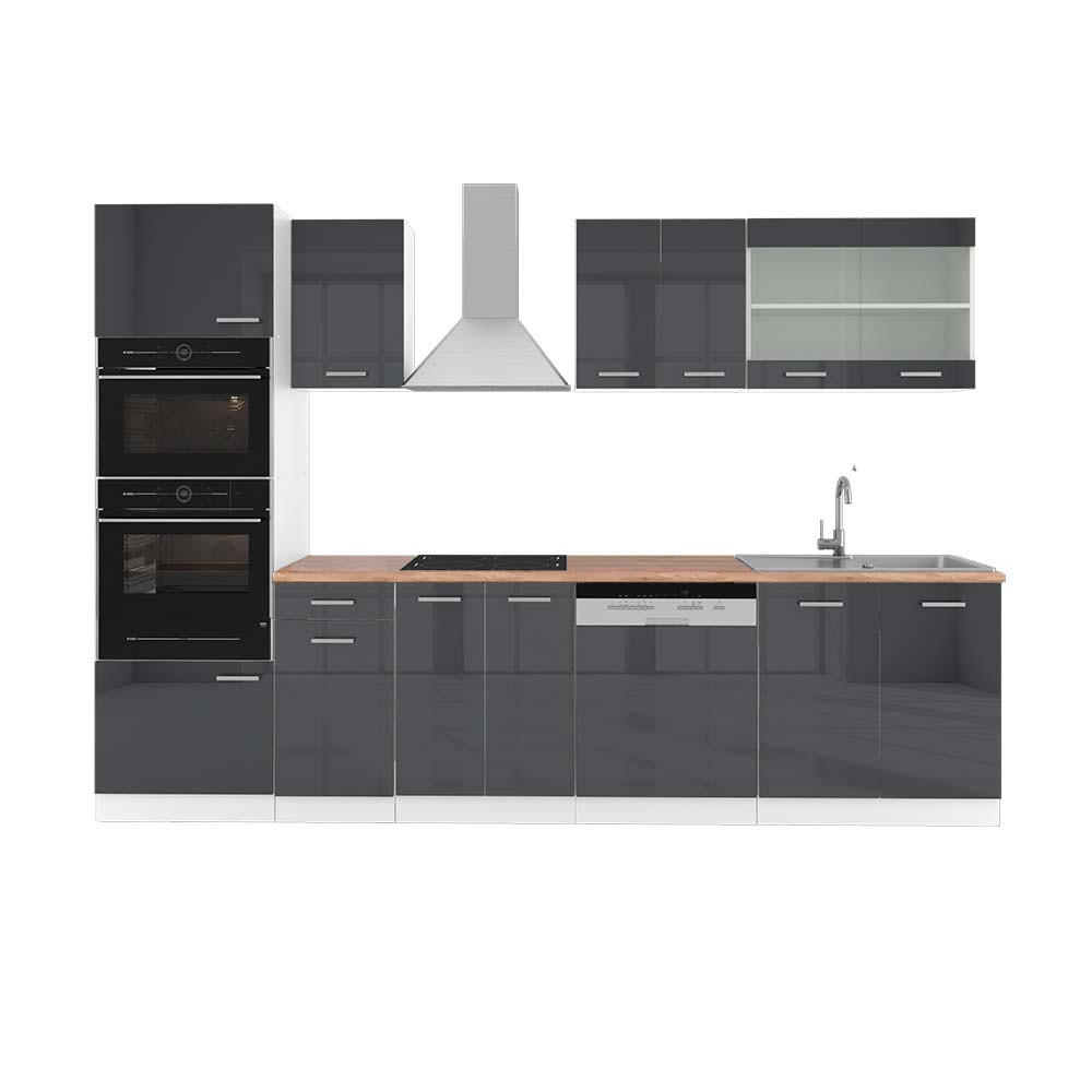 KÜCHENZEILE R-Line Anthrazit Hochglanz/Weiß 300 cm mit Hochschrank AP Eiche - Anthrazit/Weiß, Holzwerkstoff (300/81.6/60cm) - Vicco