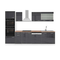 KÜCHENZEILE R-Line Anthrazit Hochglanz/Weiß 300 cm mit Hochschrank AP Eiche - Anthrazit/Weiß, Holzwerkstoff (300/81.6/60cm) - Vicco