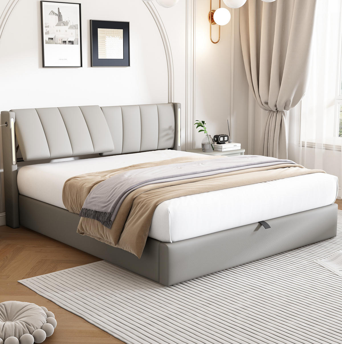 POLSTERBETT 160/200 cm mit LED-Beleuchtung, USB-Anschluss, verstellbarem Kopfteil und Bettkasten, Grau - Grau, Kunststoff (160/200cm) - Redom