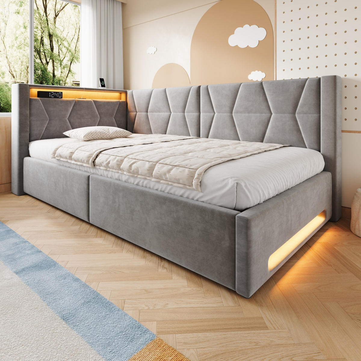 POLSTERBETT 140x200 cm in Dunkelgrau mit Bettkasten, LED-Beleuchtung und USB/Type-C - Dunkelgrau, Metall (140/200cm) - IVMEU