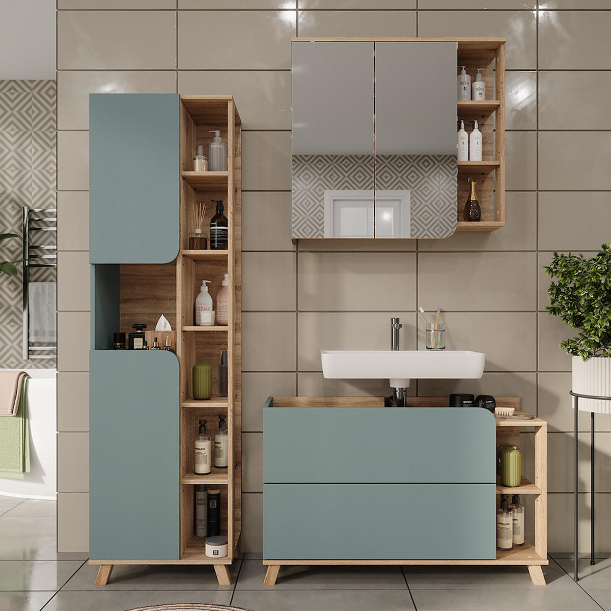 BADMÖBEL-SET Karen Sonoma/Blau 3 Teile - Blau, Holzwerkstoff (100/65/35cm) - Vicco