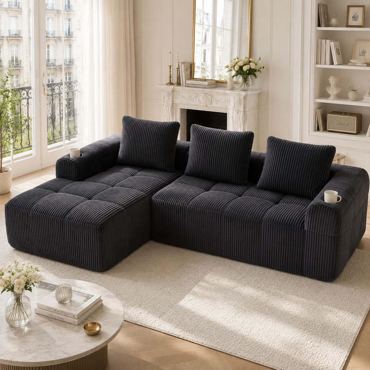 ECKSOFA DE-33721 mit Seitentasche und Becherhalter Dunkelgrau - Dunkelgrau, Textil (253/158cm) - ComfortXL