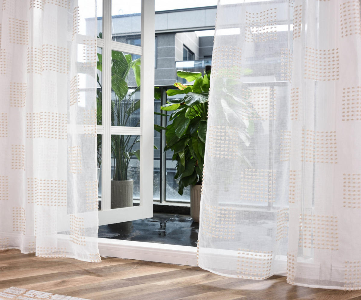 GARDINE VALENCIA HxB 245x145 cm Natur Taupe Geo - Weiß, Textil (145/245cm) - Gardinenbox