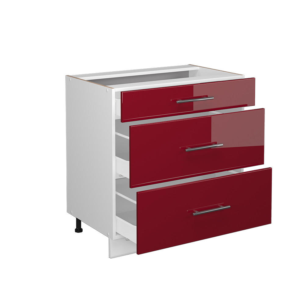 KÜCHENUNTERSCHRANK Fame-Line Bordeaux Hochglanz 80 cm mit 3 Schubladen ohne AP - Bordeaux/Weiß, Holzwerkstoff (80/82/51.6cm) - Vicco