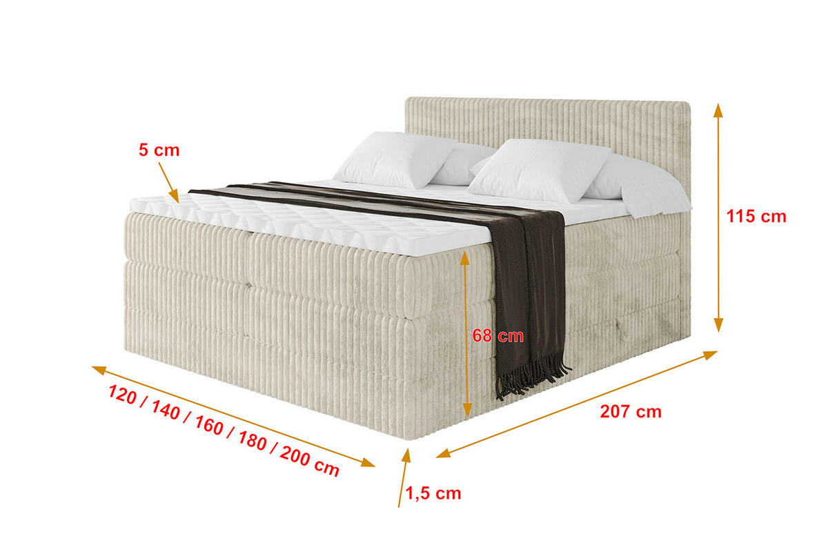 BOXSPRINGBETT mit Matratze H3|H4 und Lattenrost - TOLO KING 180x200 Cord - Creme - Champagner, Holzwerkstoff (180/200cm) - ALTDECOR