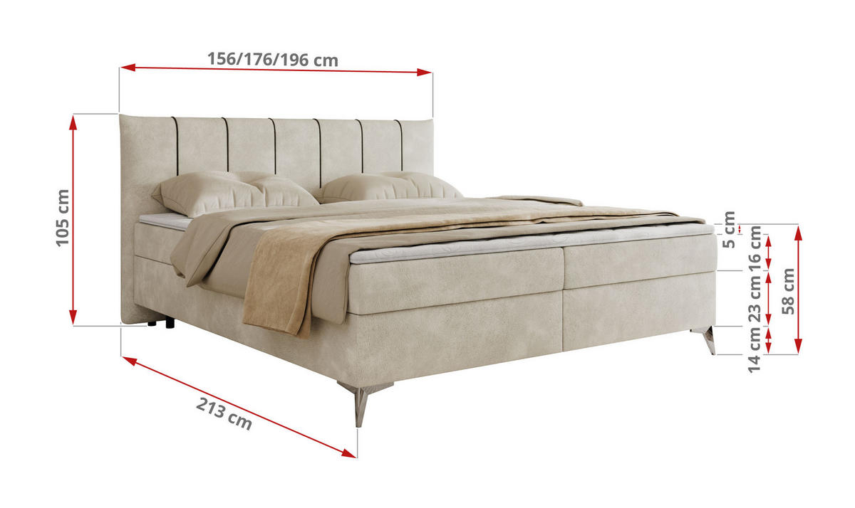 BOXBETT DRINEA 160/200 - Hellbeige Velours - H4 - Beige, Textil (160/200cm) - MKS