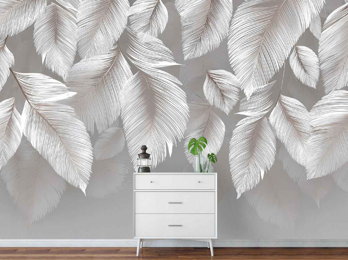 FOTOTAPETE Blätter Grau Beton Wohnzimmer 400x280 - Multicolor, Papier (400/280cm) - Wallarena