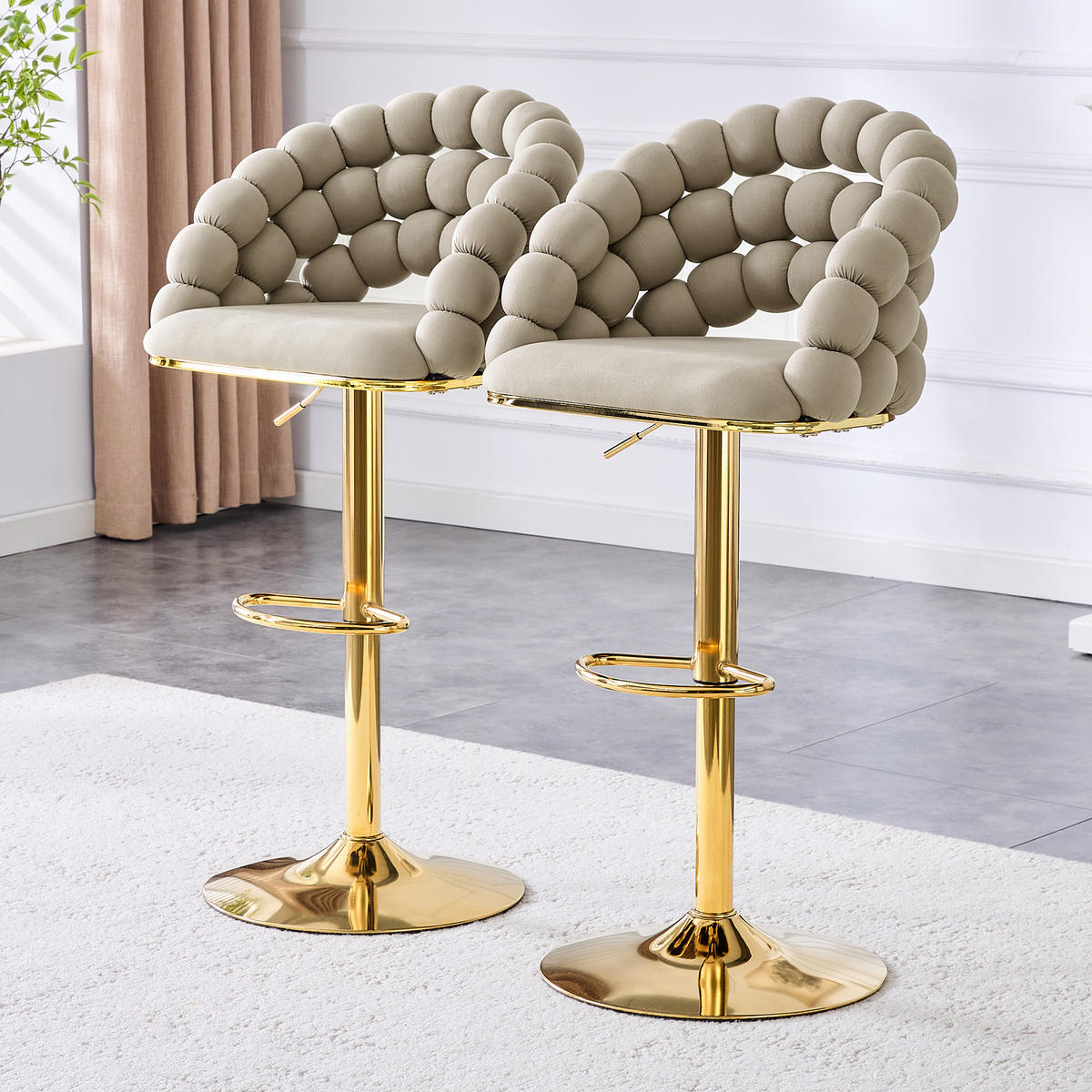 BARHOCKER 2er-Set Grau mit Samtbezug, Rückenlehne und höhenverstellbarem Goldgestell - Grau, Metall (45/112/52cm) - PANGIVO