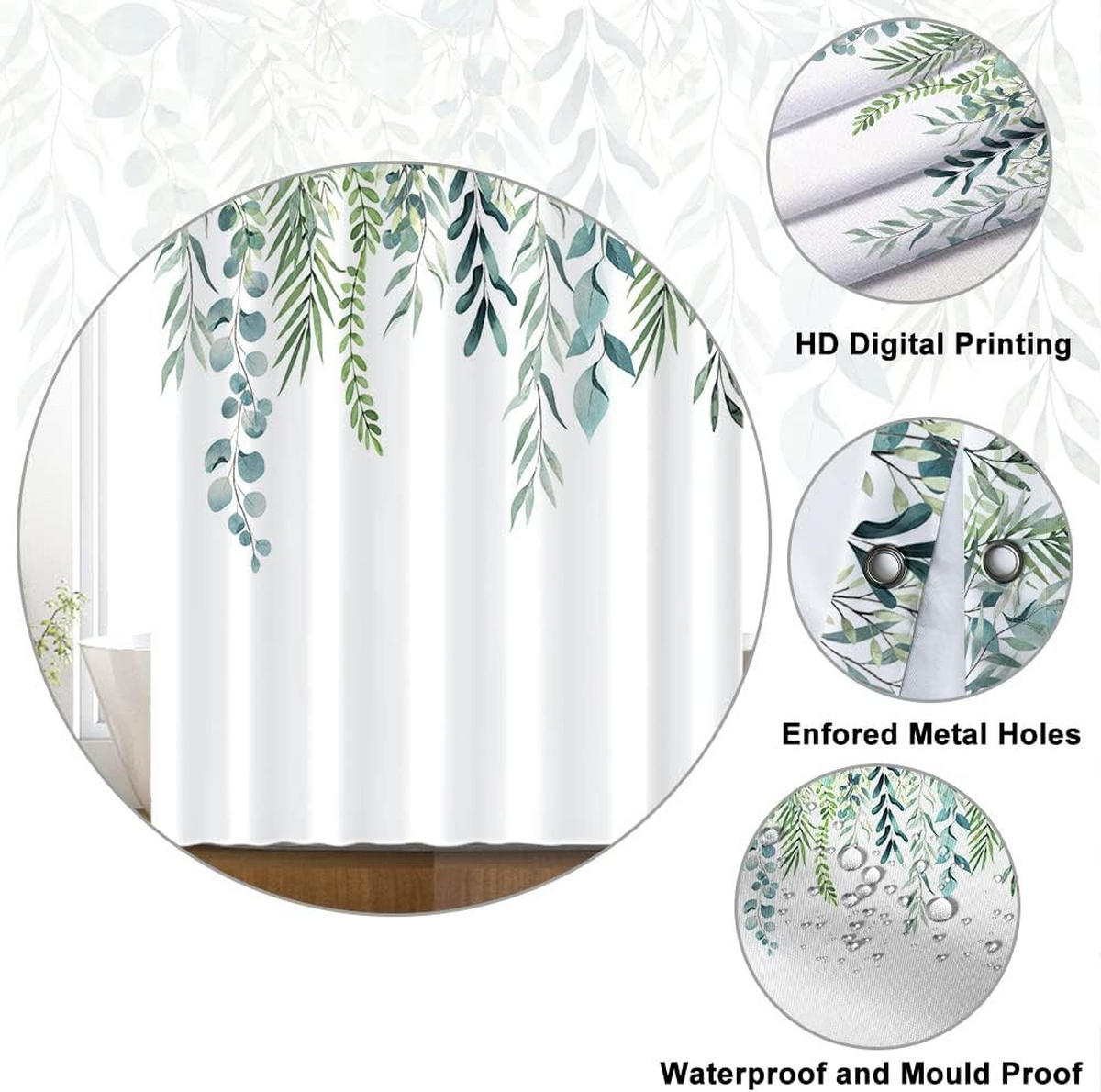 DUSCHVORHANG Grün Eukalyptus Blätter 180 x 180 cm schimmelresistent wasserdicht Polyester waschbar blickdicht - Grün, Textil (180/180cm) - MCBOSON