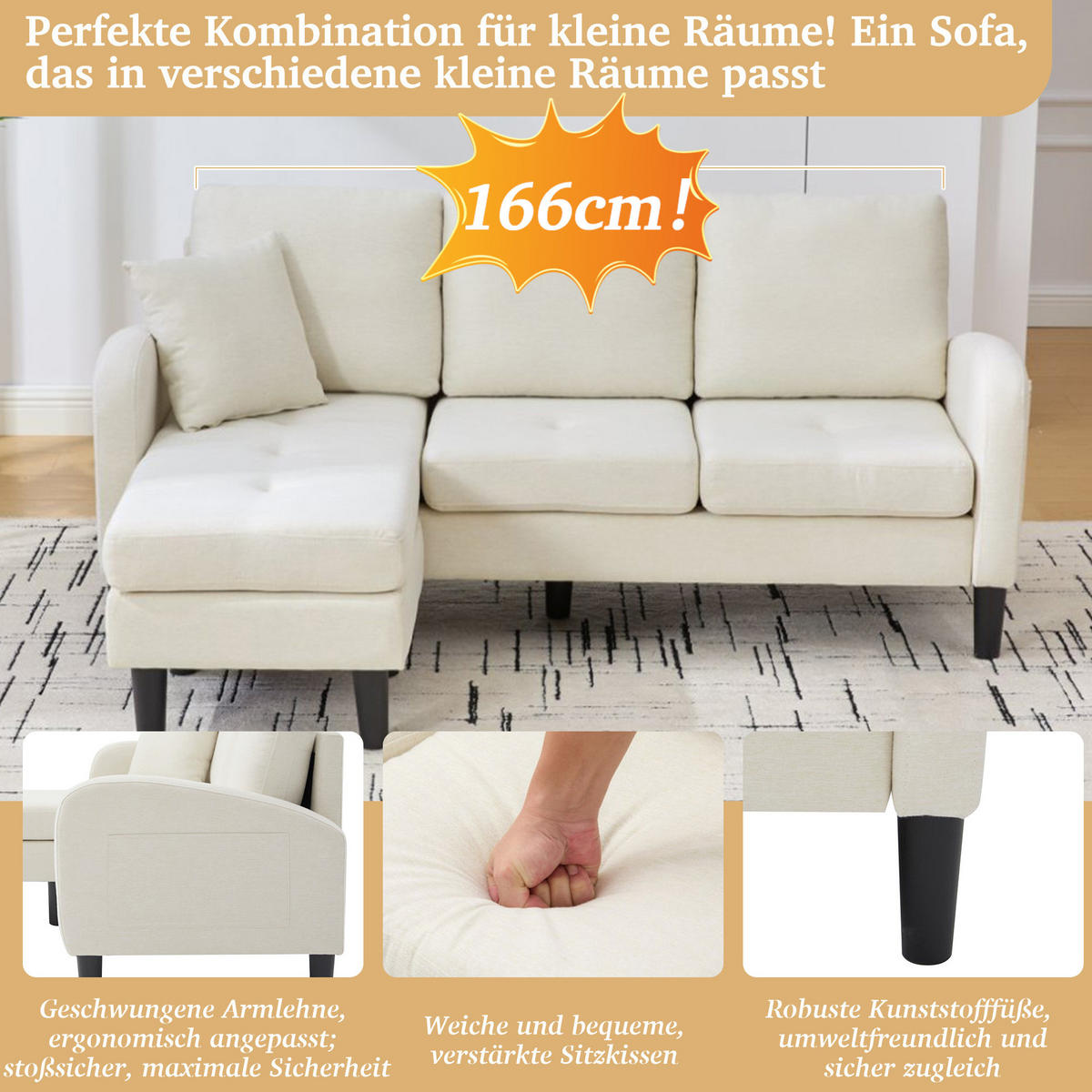 ECKSOFA Baumwoll-Leinenbezug mit modularer Chaiselongue Hellbeige 166/118/77 cm - Beige/Weiß, Textil (166/118cm) - Redom