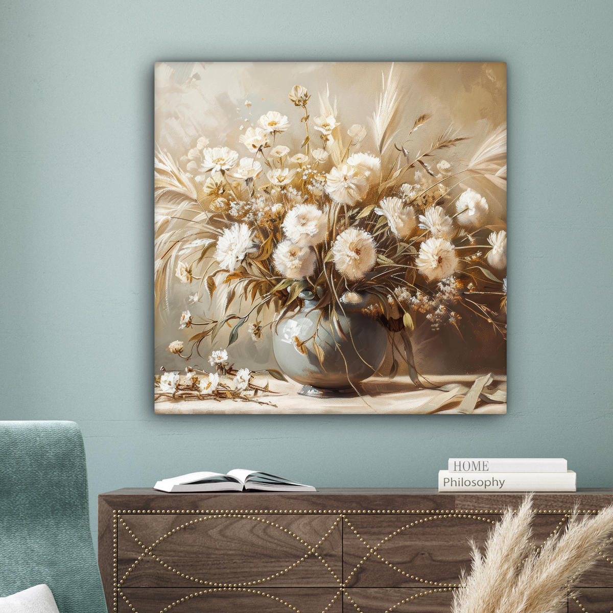 LEINWANDBILD Blumen - Vase - Stilleben - Beige Deko Groß 90x90 cm - Creme, Textil (90/90cm) - MuchoWow