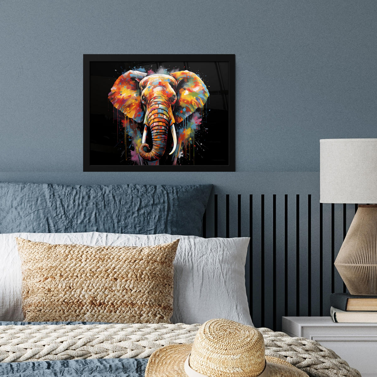 POSTER MIT RAHMEN Elefant - Graffiti - Schwarz - Tiere - Farben 40x30 cm - Schwarz, Papier (40/30cm) - MuchoWow