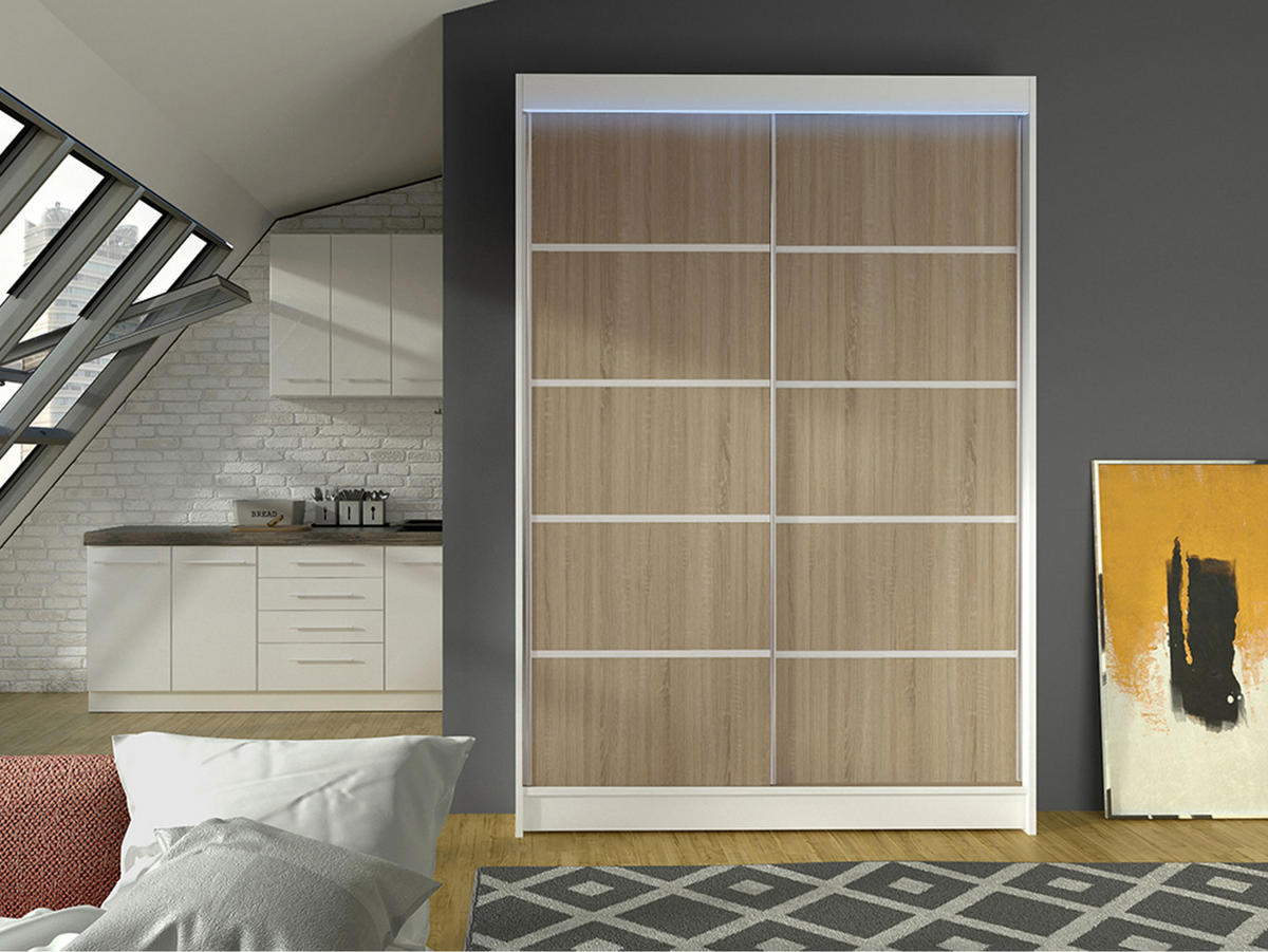 SCHWEBETÜRENSCHRANK Lino IV mit RGB LED Beleuchtung - Weiß/Sonoma Eiche, Holzwerkstoff/Metall (120/200/58cm) - MIRJAN24