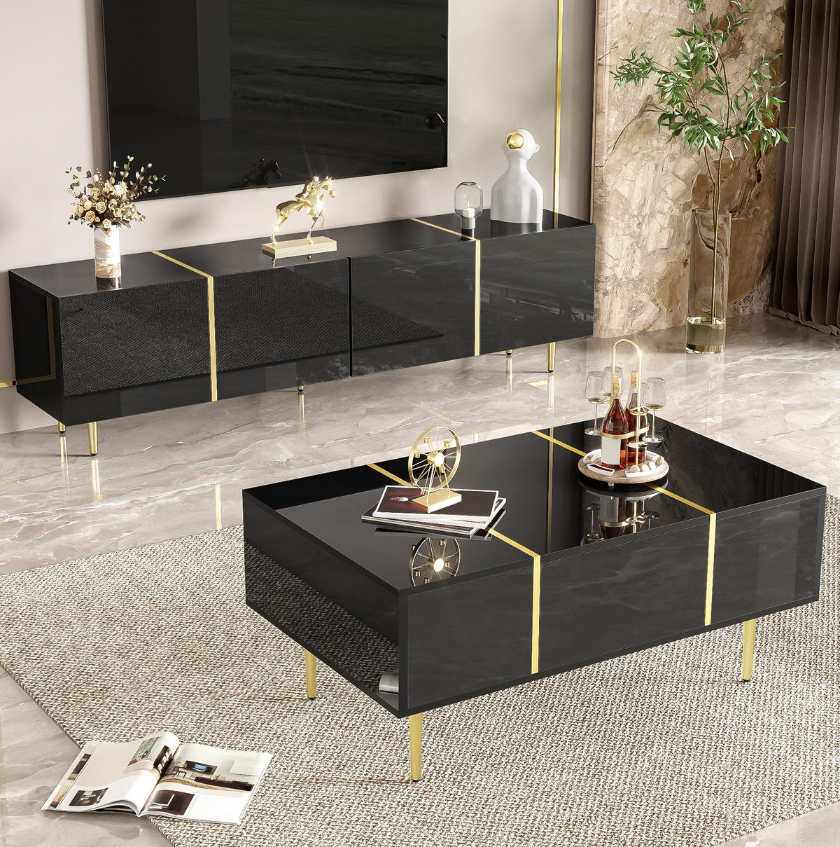 COUCHTISCH aus MDF 100x60x41,5 cm in Schwarz Hochglanz mit 2 Schubladen - Schwarz, Holzwerkstoff (100/60/41.5cm) - Modfu