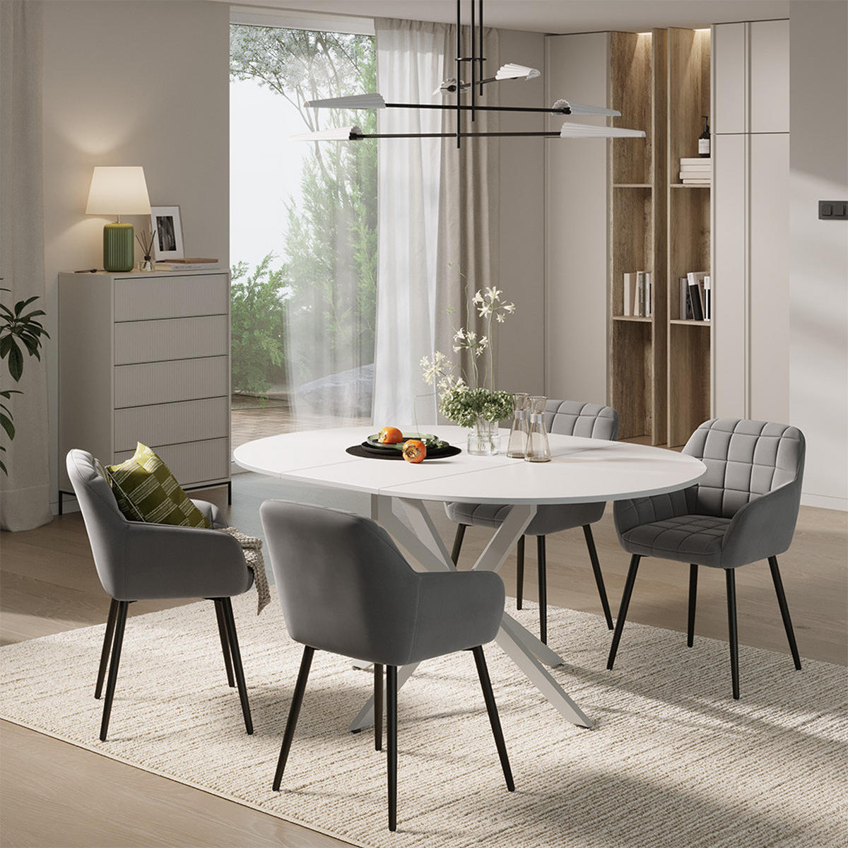 ESSTISCH-SET Loyd, Weiß/Grau, 120 x 120 cm mit 4 Esszimmerstühlen (Grau) - Weiß/Grau, Holzwerkstoff (120/76.5/120cm) - Vicco