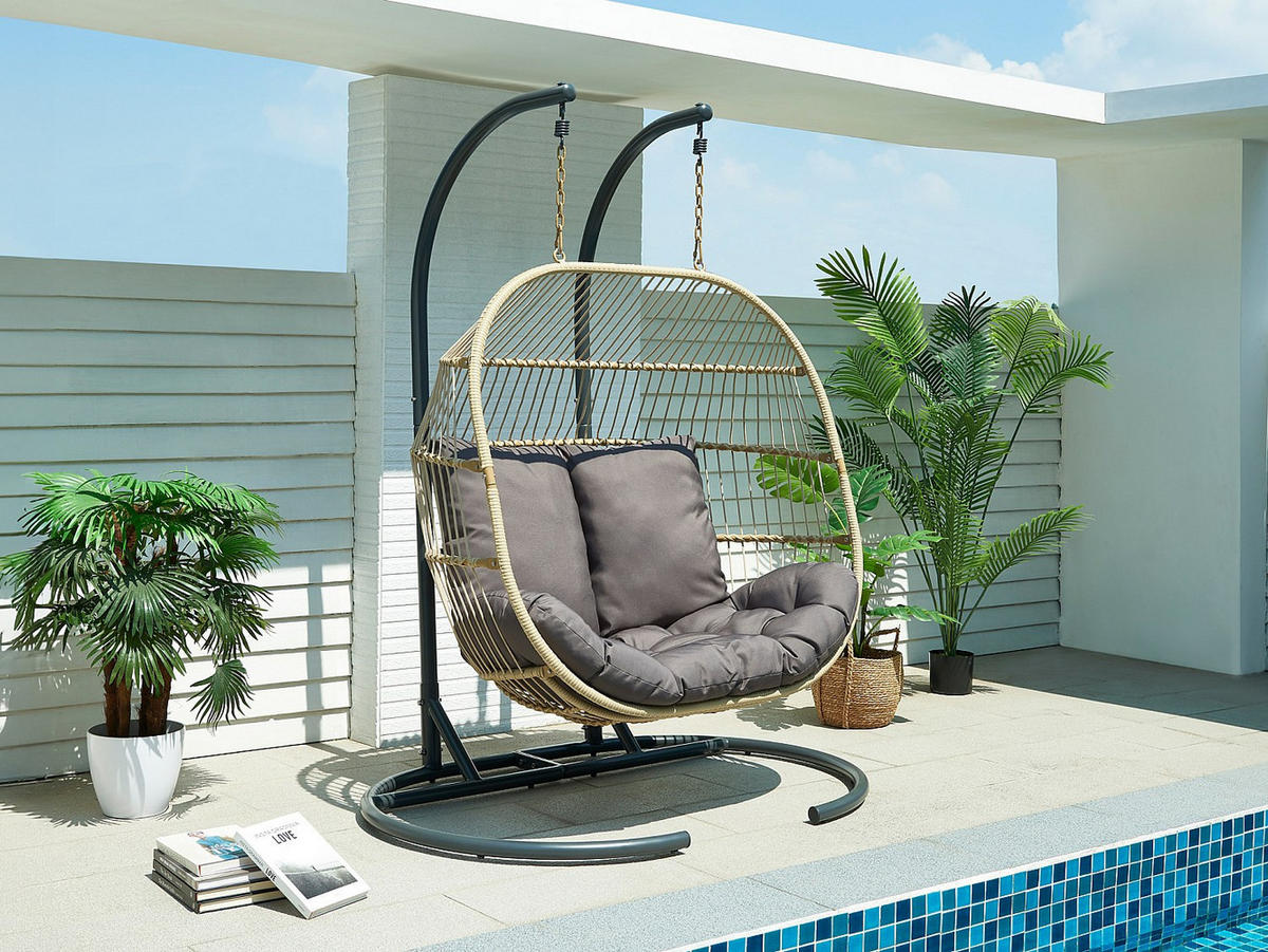 HÄNGESESSEL - 2 -Sitzer - Harz - anthrazitgrau, naturfarben hell - LISSANDRA - Anthrazit, Metall (150/194/106cm) - Vente-Unique