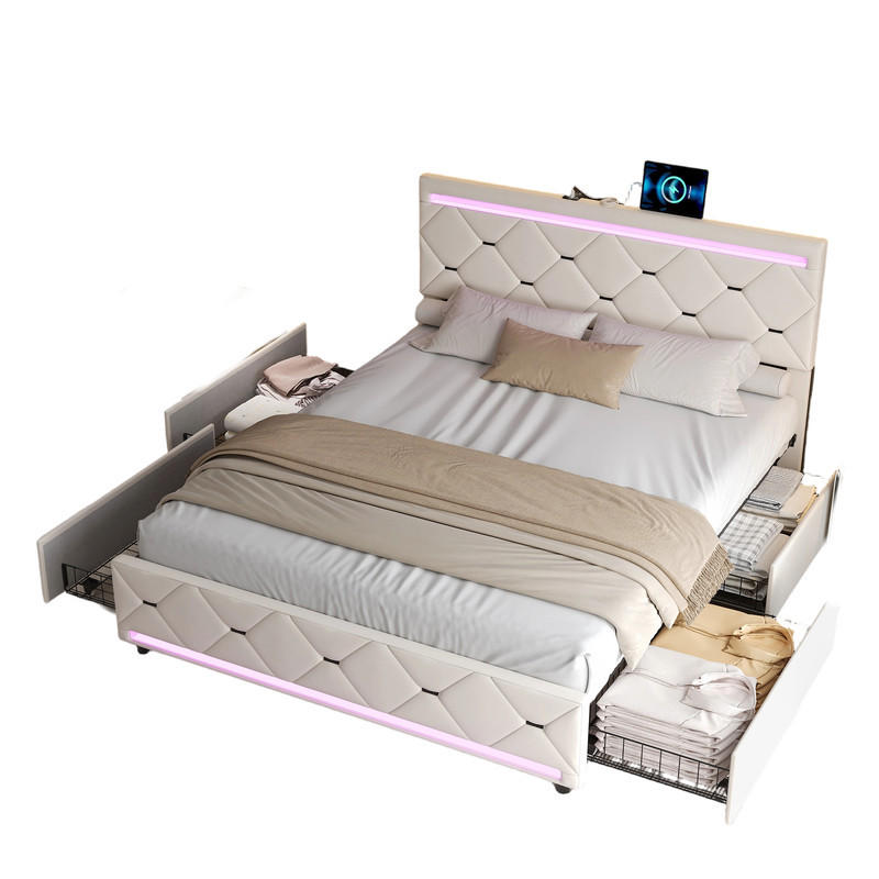SHOPENTRA ČALOUNĚNÁ postel 140x190 cm béžová LED USB 4 zásuvky