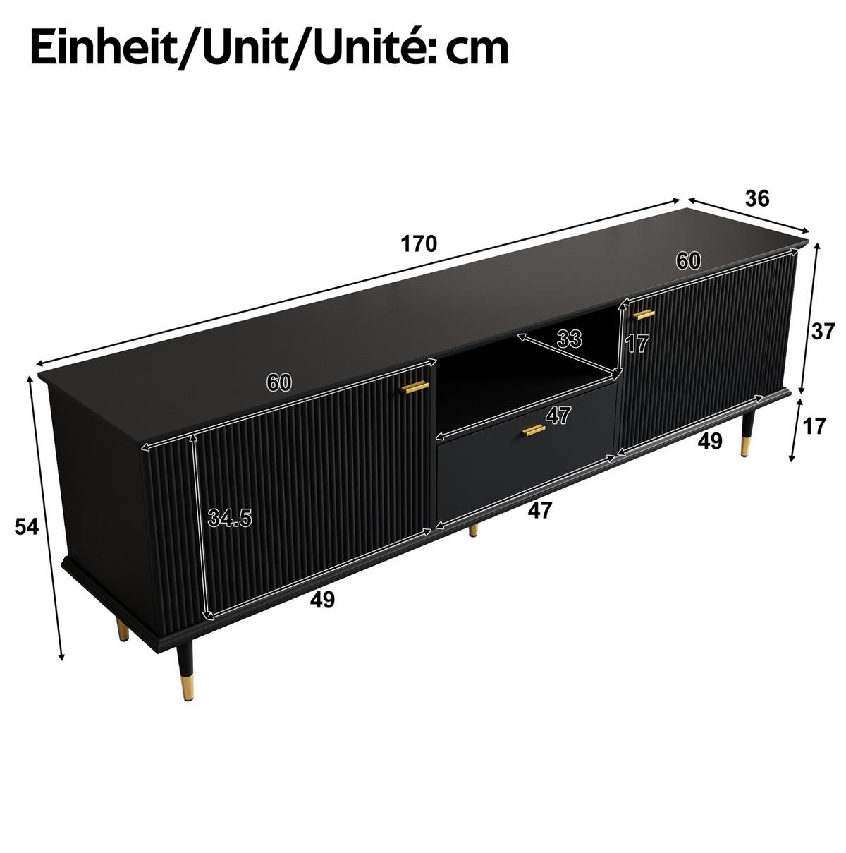 TV-LOWBOARD 170/36/54 cm schwarz aus MDF mit Soft-Close - Schwarz, Holzwerkstoff (36/54/170cm) - OKWISH