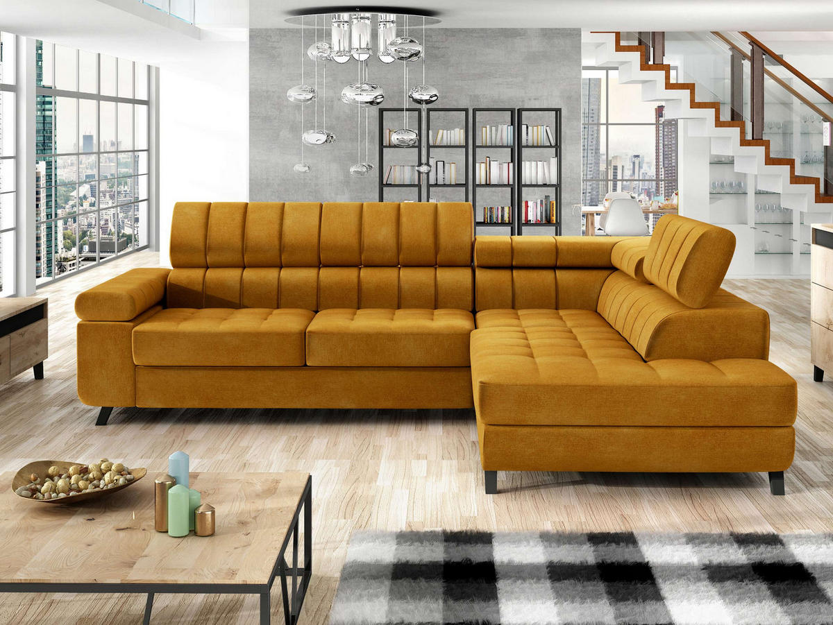 ECKSOFA Nord, Seite: Rechts - Currygelb/Schwarz, Holz/Textil (264/203cm) - MIRJAN24