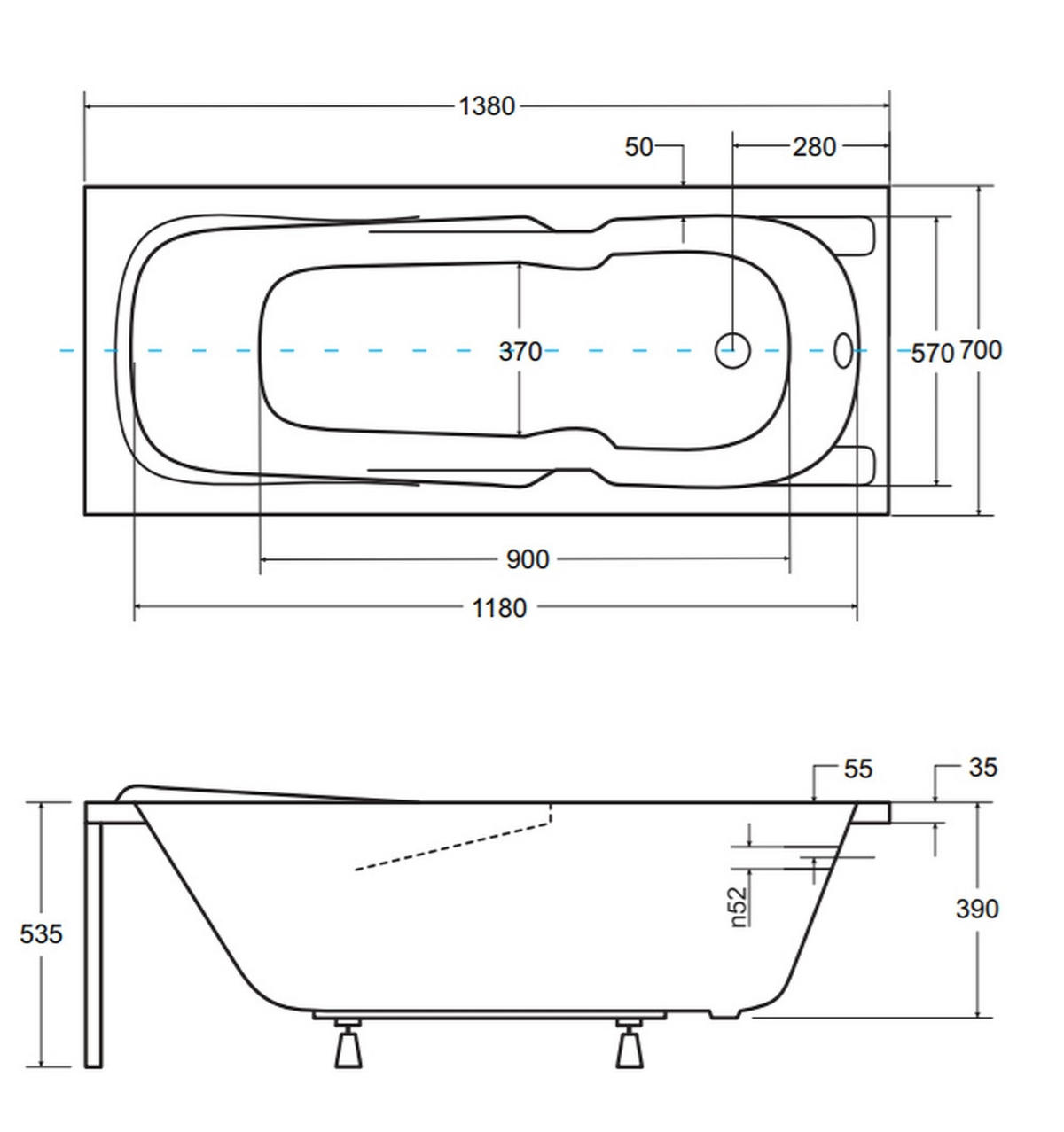 BADEWANNE Rechteck MAJKA 140/70 mit Styro Ablauf Füße - Weiß, Kunststoff (70/53.5/140cm) - bad land