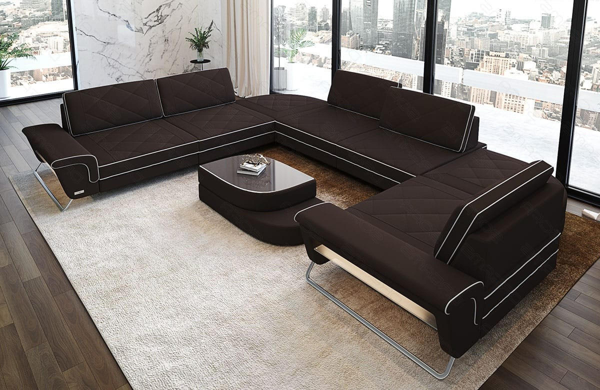 WOHNLANDSCHAFT RotelloU-Form Mokka Weiß Mikrofaserstoff - Weiß/Mokka, Kunststoff (457/329cm)