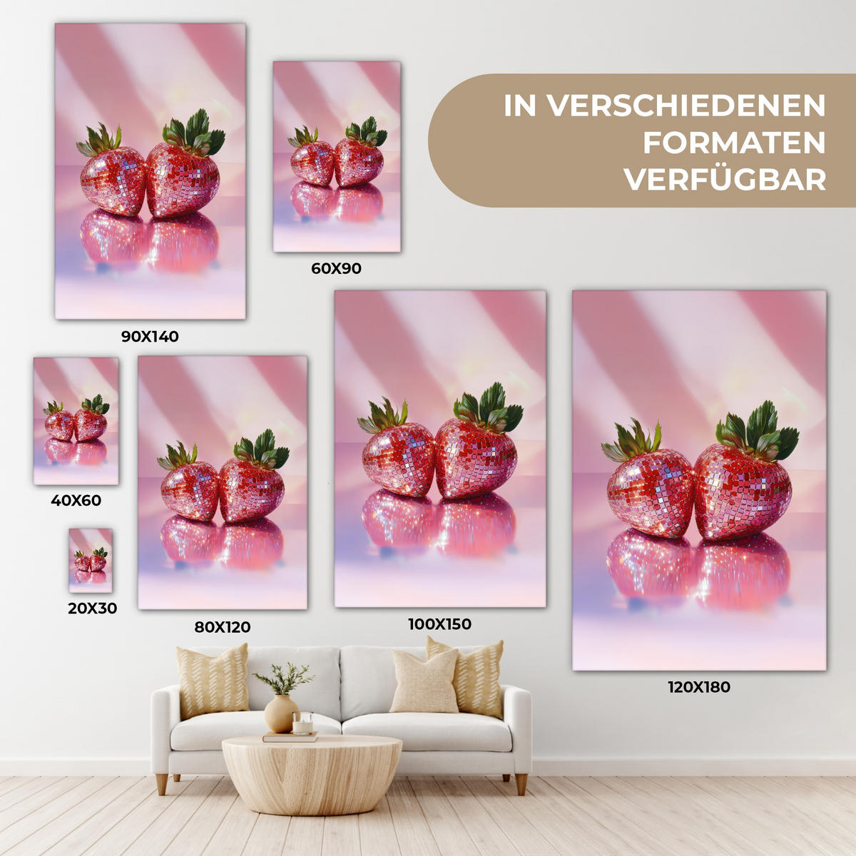 LEINWANDBILD Disco - Obst - Glitzer - Erdbeere 20x30 cm - Pink, Textil (20/30cm) - MuchoWow