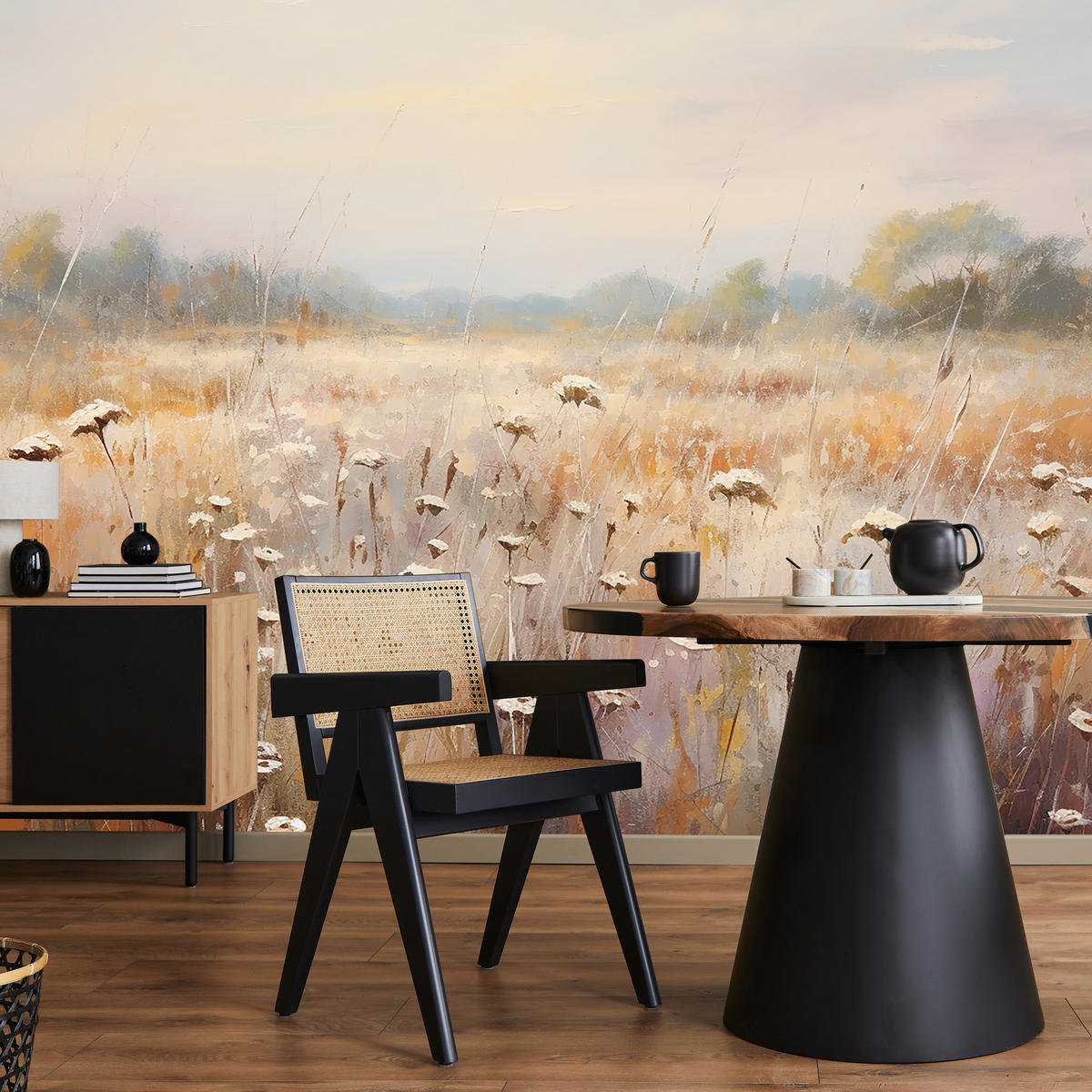 FOTOTAPETE für Esszimmer Wiese Pflanzen Retro Stil 150x105 - Gelb/Beige, Papier (150/105cm) - Muralo