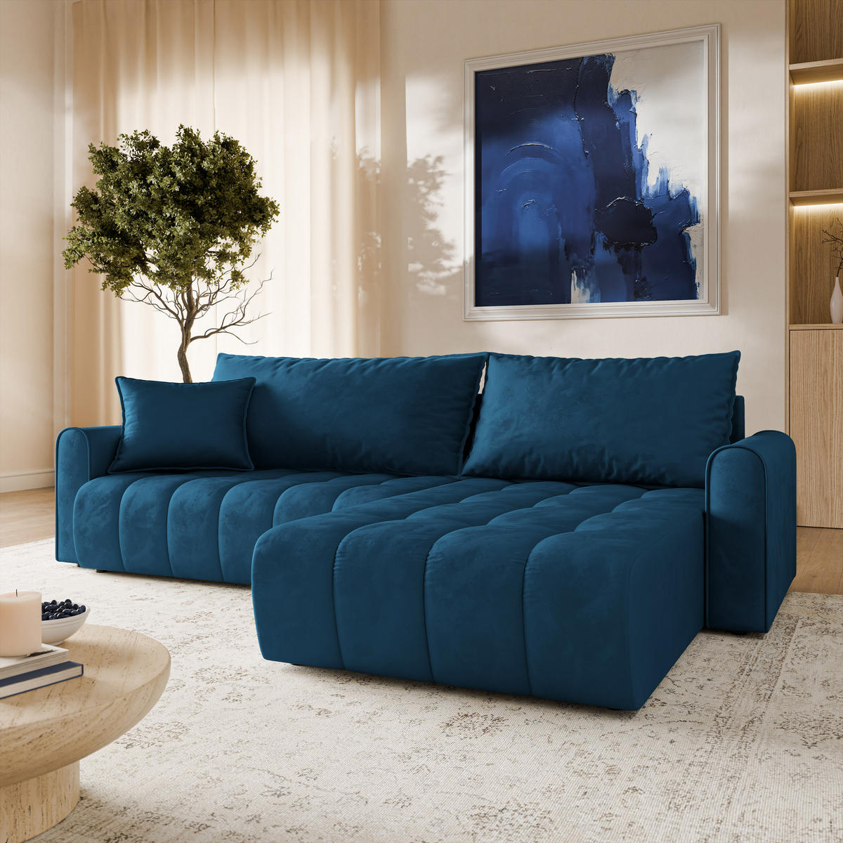 ECKSOFA FRIGA Blau Velours-Stoff mit Schlaffunktion - Blau, Holz (283/185cm) - MASSENO