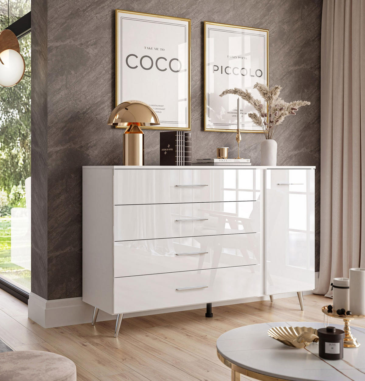 KOMMODE AURA II mit Griffen und LED-Beleuchtung Beinfarbe – Chrom - Silberfarben/Weiß, Holzwerkstoff (138/90/40cm) - Lookway